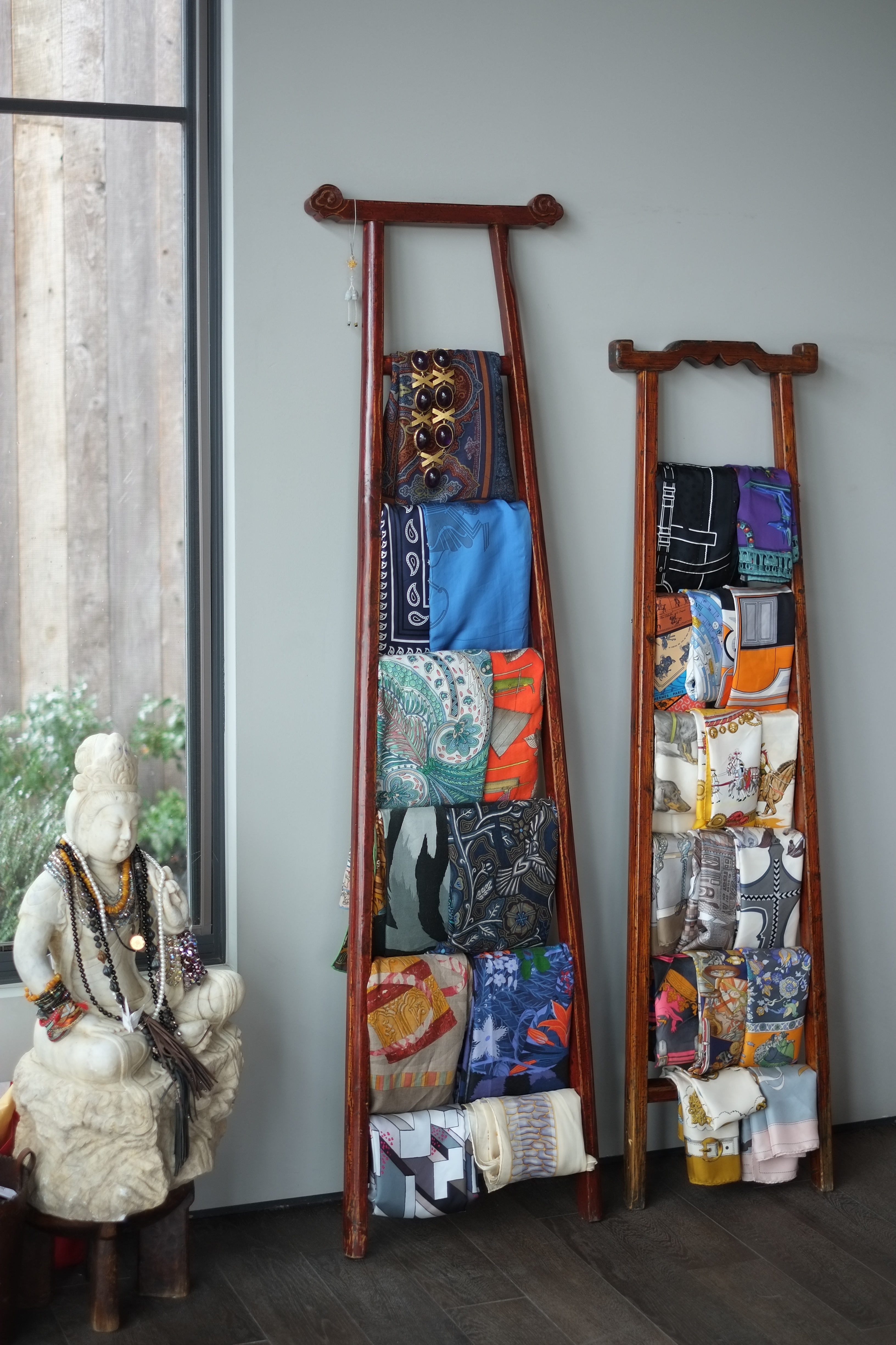 Shambala Scarves Display on Carved Wooden Ladders