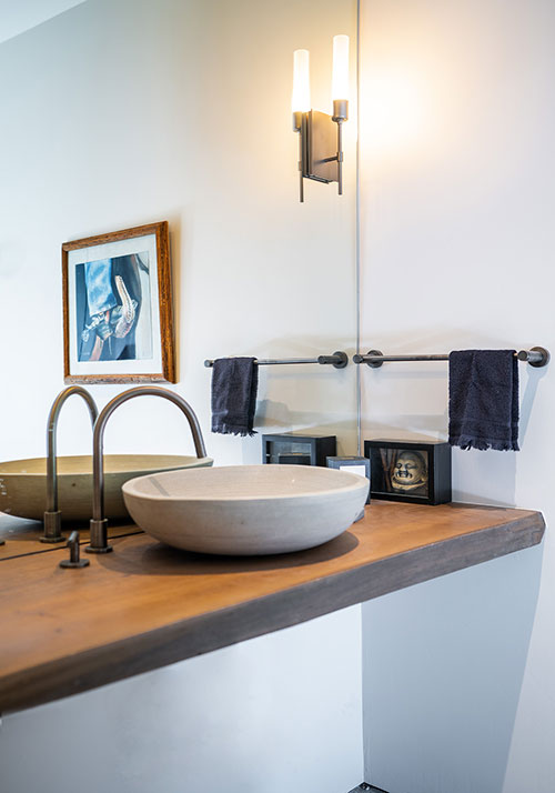 BJD custom home powder room pedestal sink and live edge wood floating countertop